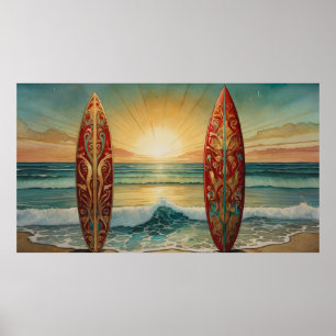 Surfing Ocean Waves Sommersonnenuntergang Morgengr Poster
