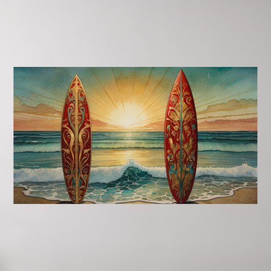 Surfing Ocean Waves Sommersonnenuntergang Morgengr Poster (Vorne)