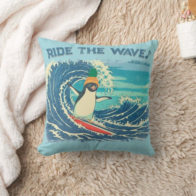 Surfing penguin Ukiyo-e style "Ride the Wave" Kissen (Decke)