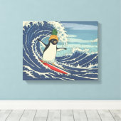 Surfing penguin Ukiyo-e style "Ride the Wave" Leinwanddruck (Insitu (Holzboden))