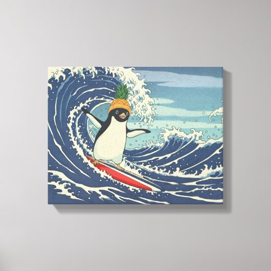 Surfing penguin Ukiyo-e style "Ride the Wave" Leinwanddruck (Vorderseite)