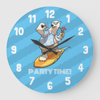 Surfing Polar Bear Funny Party Time! Cartoon Große Wanduhr