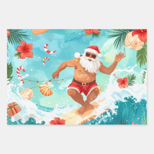 Surfing Santa Claus  Geschenkpapier Set (Vorderseite)