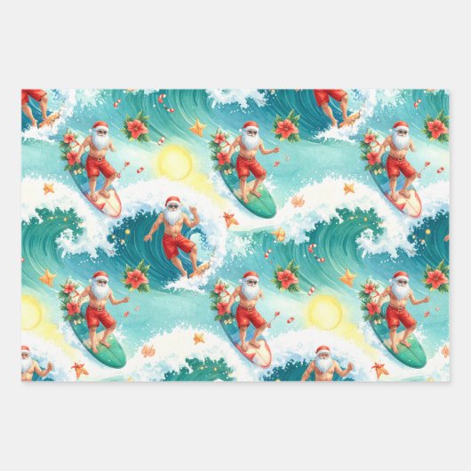 Surfing Santa Claus Geschenkpapier Set (Vorderseite)