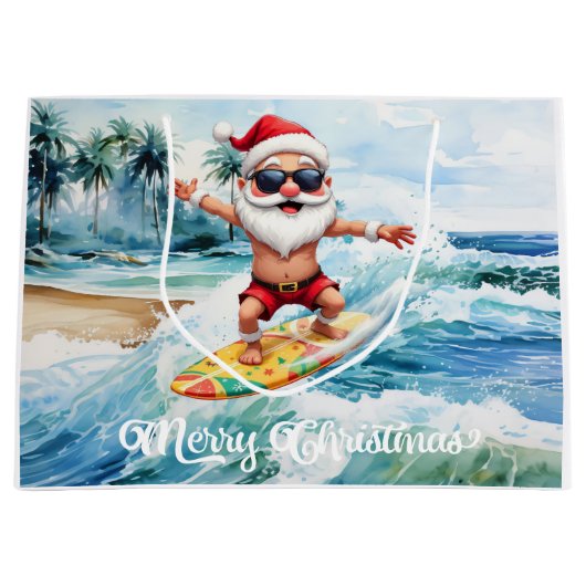 Surfing Santa is on big wave in Hawaii Große Geschenktüte (Vorderseite)