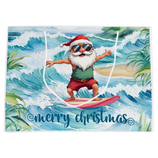 Surfing Santa is on big wave in Hawaii Große Geschenktüte (Vorderseite)