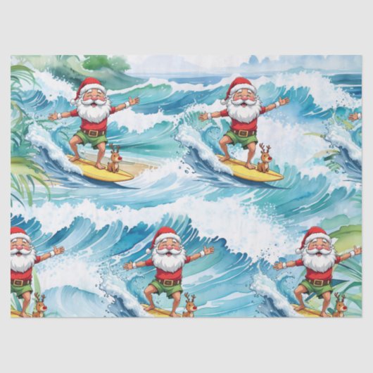 Surfing Santa is on big wave in Hawaii  Seidenpapier (Vorderseite)