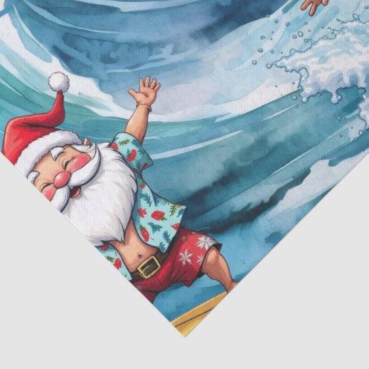 Surfing Santa is on big wave in Hawaii Seidenpapier (Detail)