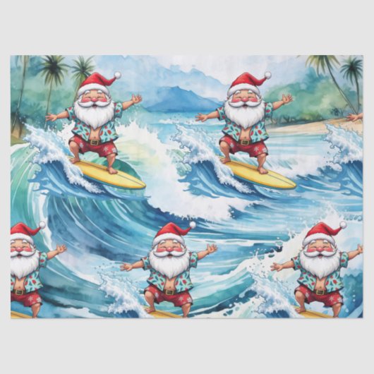 Surfing Santa is on big wave in Hawaii  Seidenpapier (Vorderseite)