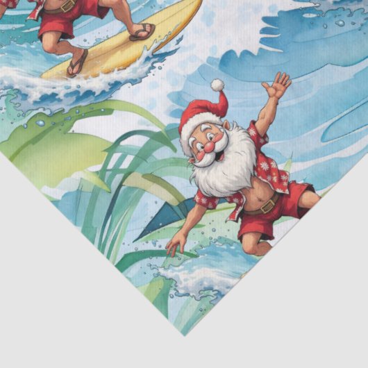 Surfing Santa is on big wave in Hawaii  Seidenpapier (Detail)