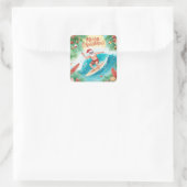Surfing Santa Merry Christmas Coastal Holiday Quadratischer Aufkleber (Tasche)
