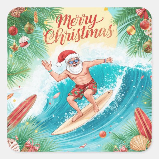 Surfing Santa Merry Christmas Coastal Holiday Quadratischer Aufkleber (Vorderseite)