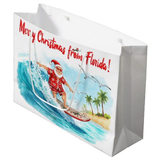 Surfing Santa Merry Christmas from Florida Große Geschenktüte (Vorderseite Schrägansicht)