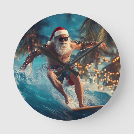 Surfing Santa Wall Clock - Fun Tropical Christmas  Runde Wanduhr (Vorderseite)