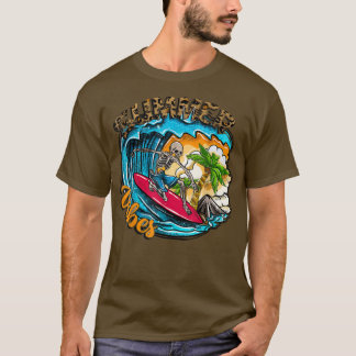 Surfing Skeleton Summer Vibes Beach Waves Sunset S T-Shirt