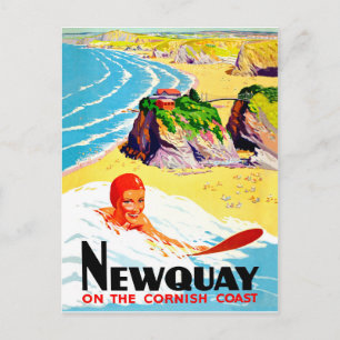 Surfmädchen am Strand von Newquay, Cornwall, Vinta Postkarte