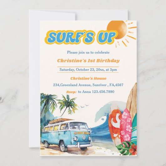 Surfs Up Beach 1. Geburtstag Einladung (Vorderseite)