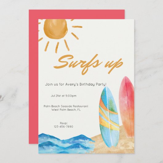 Surf's Up Beach - Einladung zum Geburtstag (Vorne/Hinten)