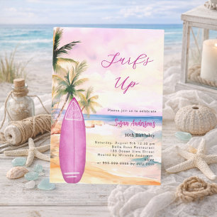 Surf's up Beach Surfboard Rosa Mädchen Geburtstags Einladung