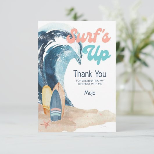 Surf's Up | Beach Surfboards Kids Birthday Dankeskarte (Stehend Vorderseite)