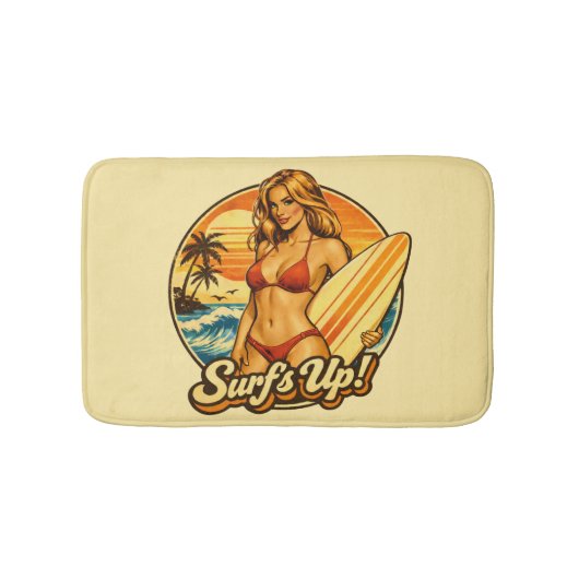 Surf's Up Bikini Pin-Up | Retro-Surf-Shop Grafik Badematte (Vorderseite)