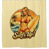 Surf's Up Bikini Pin-Up | Retro-Surf-Shop Grafik Duschvorhang (Vorderseite)