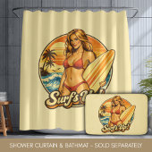 Surf's Up Bikini Pin-Up | Retro-Surf-Shop Grafik Duschvorhang