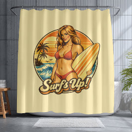 Surf's Up Bikini Pin-Up | Retro Surf Shop Grafik Duschvorhang