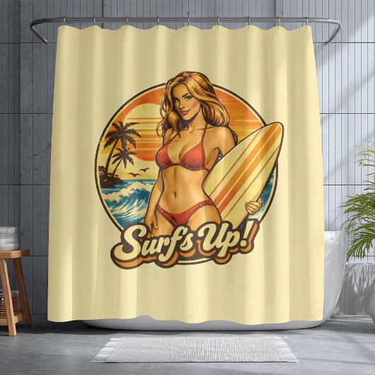 Surf's Up Bikini Pin-Up | Retro-Surf-Shop Grafik Duschvorhang