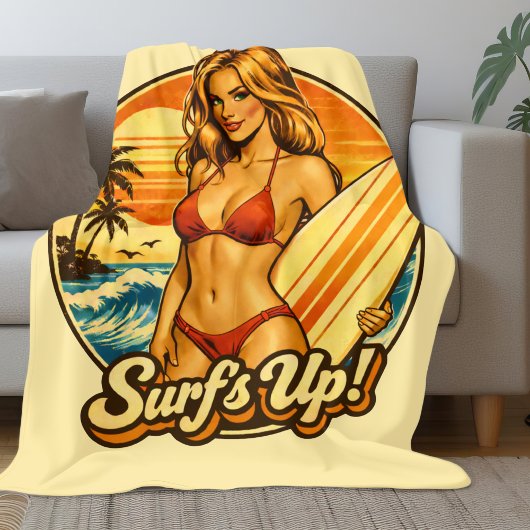 Surf's Up Bikini Pin-Up | Retro Surf Shop Graphic Fleecedecke