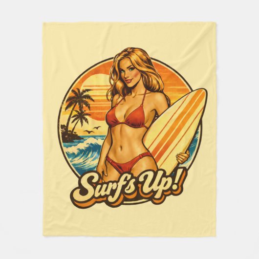Surf's Up Bikini Pin-Up | Retro Surf Shop Graphic Fleecedecke (Vorderseite)