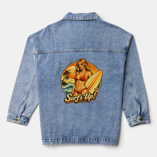 Surf's Up Bikini Pin-Up | Retro Surf Shop Graphic Jeansjacke (Rückseite)