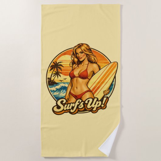 Surf's Up Bikini Pin-Up | Retro Surf Shop Graphic Strandtuch (Vorderseite)