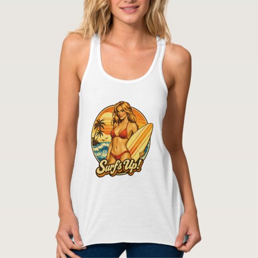 Surf's Up Bikini Pin-Up | Retro Surf Shop Graphic Tank Top (Vorderseite)