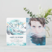Surf's Up Blue Wave Surfen Geburtstag Foto Einladung (Stehend Vorderseite)