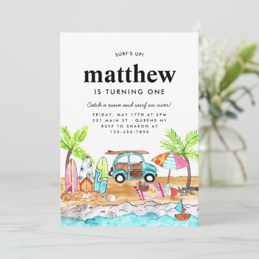 Surf's Up Board Summer Beach Wave Surfen Geburtsta Einladung (Stehend Vorderseite)
