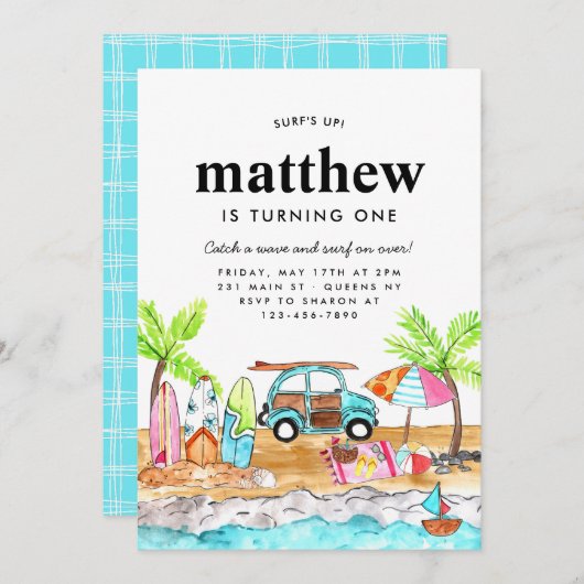 Surf's Up Board Summer Beach Wave Surfen Geburtsta Einladung (Vorne/Hinten)