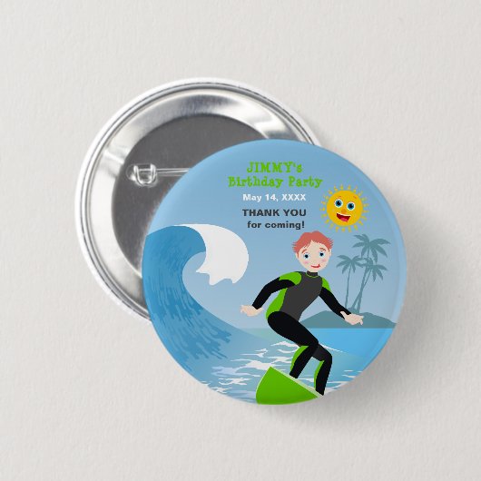 Surf's up boy Birthday Party Button (Vorne & Hinten)