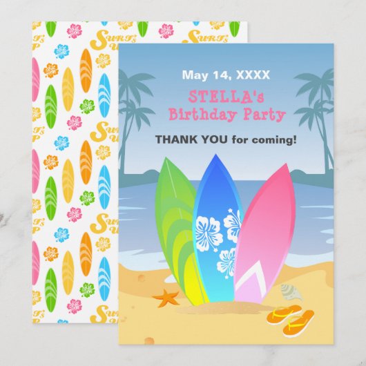 Surf's up Girly Birthday Party Dankeskarte (Vorne/Hinten)