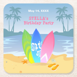 Surf's up Girly Birthday Party Rechteckiger Pappuntersetzer