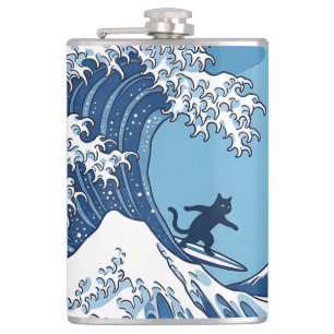 Surf's Up, Kanagawa – Die große Wellen-Katzensurfe Flachmann