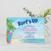 Surf's Up Pink and Blue Surfboard Strand Geburtsta Einladung (Stehend Vorderseite)
