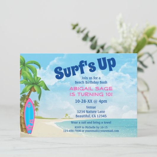 Surf's Up Pink and Blue Surfboard Strand Geburtsta Einladung (Stehend Vorderseite)