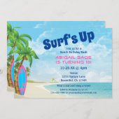 Surf's Up Pink and Blue Surfboard Strand Geburtsta Einladung (Vorne/Hinten)