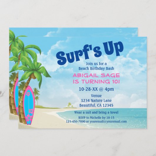 Surf's Up Pink and Blue Surfboard Strand Geburtsta Einladung (Vorne/Hinten)