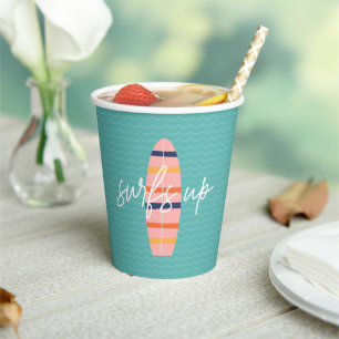 Surfs Up Pinkes Surfbrett und Wellen Geburtstagsfe Pappbecher