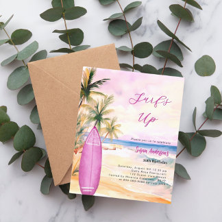 Surf's up Retro Strand Surfboard Rosa Geburtstag Einladung