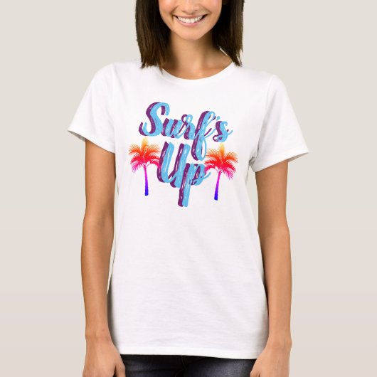 Surf's Up Sommer Sonnenuntergang Palmen Bäume T-Shirt (Vorderseite)