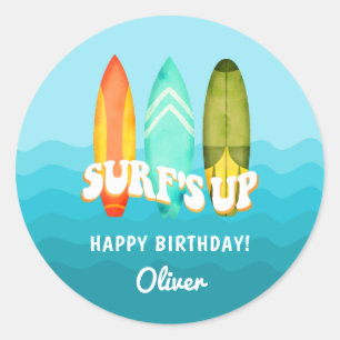 Surfs Up Surfboard Kids Geburtstagsaufkleber Runder Aufkleber