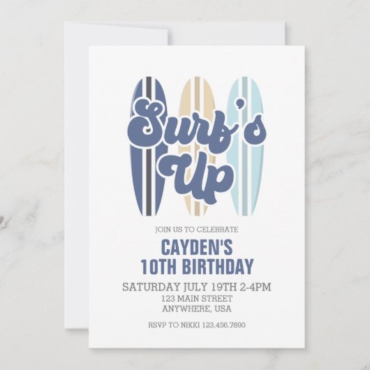Surf's Up Surfbrett Strand Geburtstag Einladung (Vorderseite)